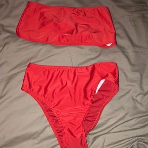 two piece red bathing suit.